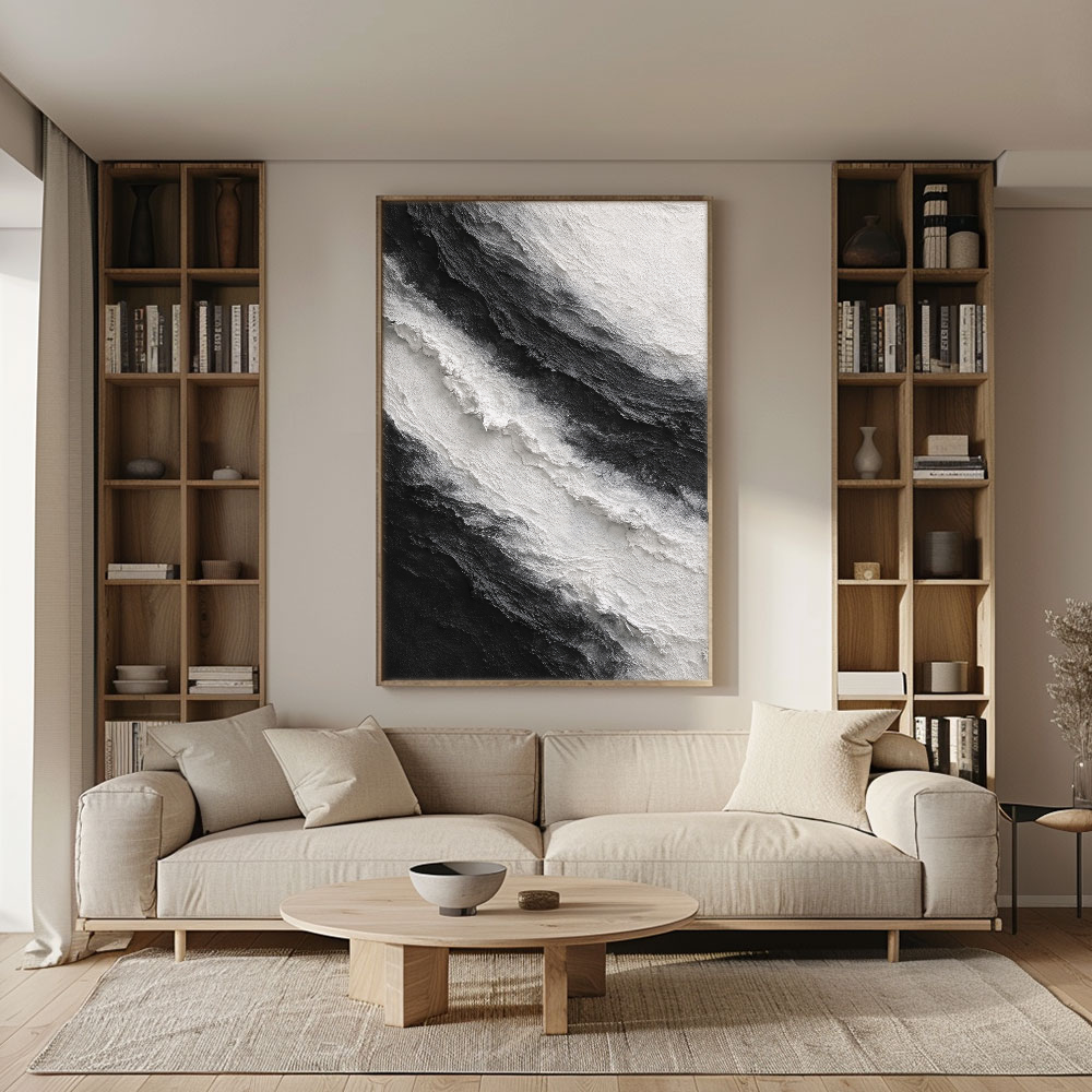 Black and White Abstract Diagonal Wave Textured Impasto Wall Art, Modern Monochrome Contrast Thick Knife Brush Stacked Painting, Minimalist Contemporary Handcrafted Decor for Interior Spaces