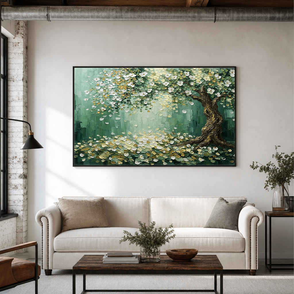 Thick Impasto Textured Flowering Tree Wall Art with Gold Accents, Nature-Inspired Green White Brown Palette Painting for Modern Home Decor, Bedroom Living Room Office Dining Hallway Mural, Canvas Artwork with Rustic Aged Details