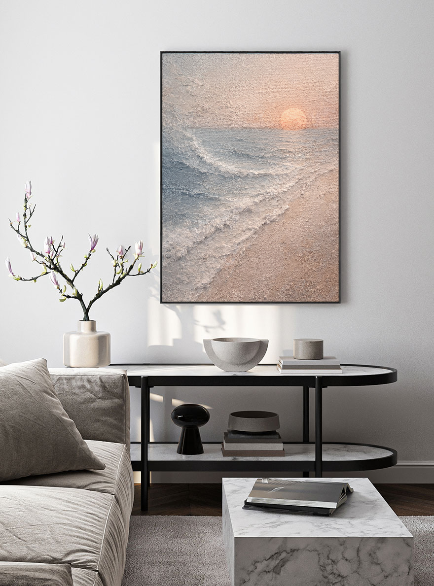 Textured Ocean Sunset Coastal Wall Art, Thick Impasto Painting for Modern Home Decor, Calm Beach Landscape with Beige Sand Blue Ocean White Waves and Soft Orange Sun, Warm Minimalist Coastal Artwork
