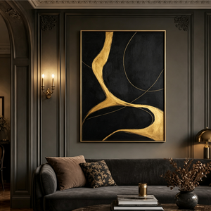 Black White Gold Abstract Impasto Textured Wall Art Modern Elegant Minimalist Bold Brushwork Large Canvas Painting for Contemporary Home Decor