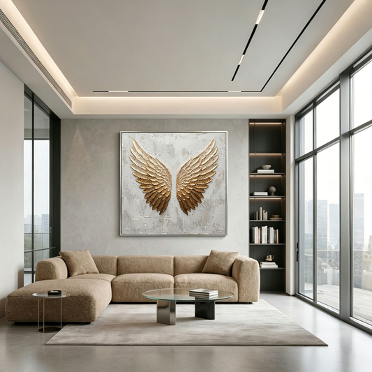 Luxury 3D Golden Angel Wings Textured Wall Art, Elegant Neutral White Beige Relief Artwork, Modern Stylish Home Decor Hanging Piece for Living Room Bedroom Office Hallway Dining Room, Sophisticated Accent Art