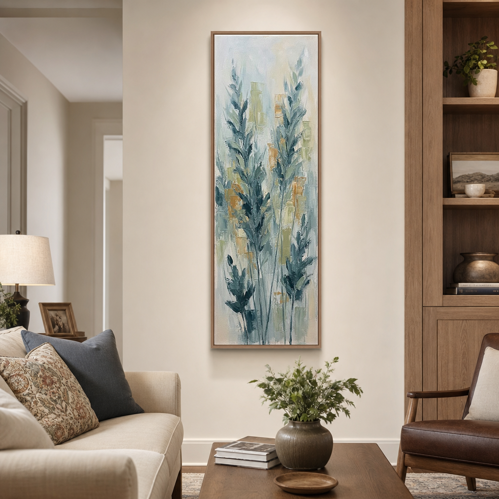 Narrow Vertical Framed Teal Blue Wheat Stalks Impasto Textured Wall Art with Beige White Gold Background for Modern Farmhouse Coastal Minimalist Living Spaces Hallway Bedroom Dining Room Office