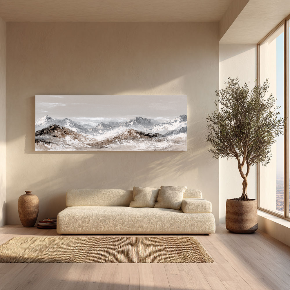 Serene Neutral Toned Mountain Range Stylized Landscape Framed Canvas Wall Art Textured Impasto Style for Modern Minimalist Rustic Home Decor Office Living Room Bedroom Dining Hallway