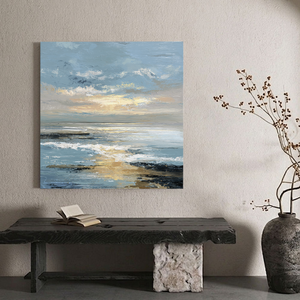 Textured Impasto Coastal Sunset Blue Gold Black White Wall Art Framed Abstract Ocean Sky Seascape for Living Room Bedroom Dining Room Office Hallway Modern Home Decor