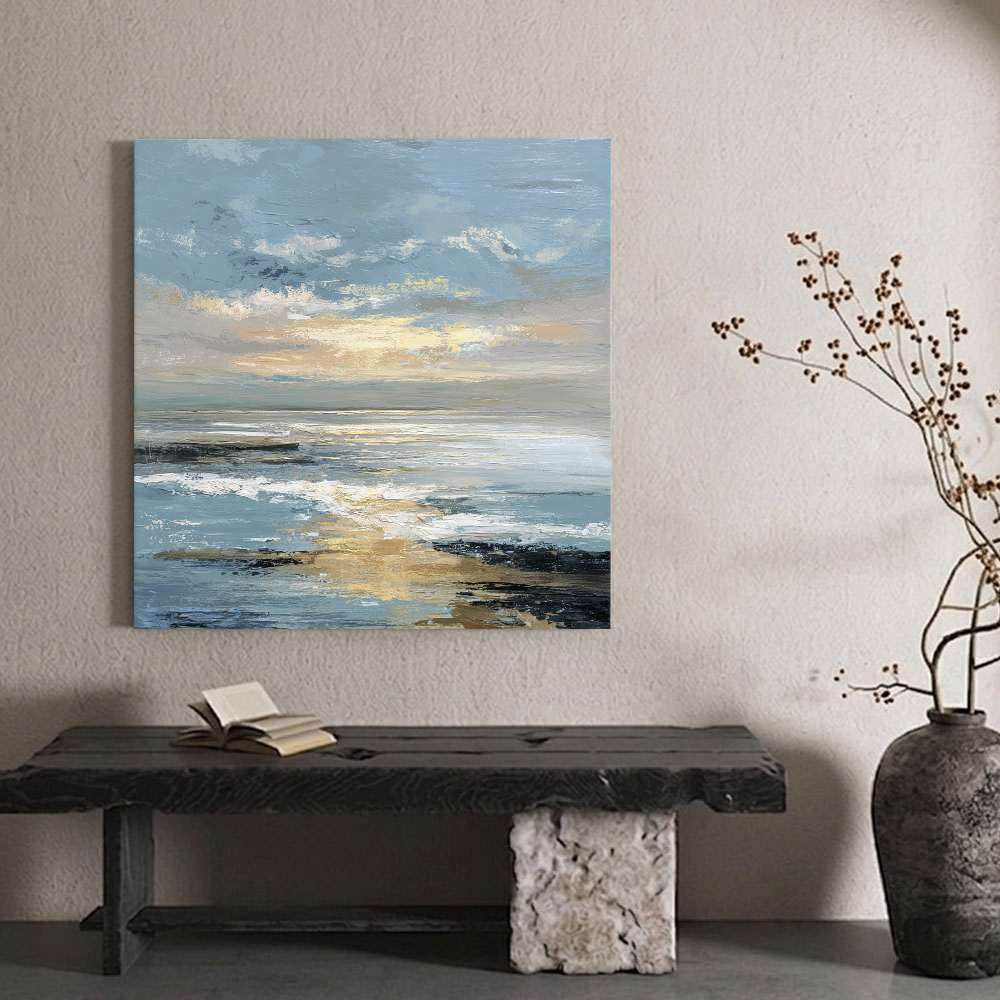 Textured Impasto Coastal Sunset Blue Gold Black White Wall Art Framed Abstract Ocean Sky Seascape for Living Room Bedroom Dining Room Office Hallway Modern Home Decor