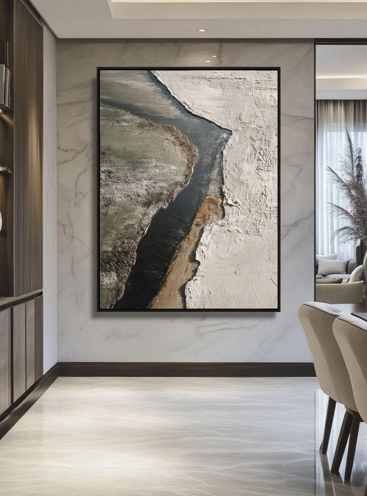 Minimalist Abstract Textured Riverbed Landscape Wabi Sabi Style Framed Canvas Wall Art, Thick Impasto Paint with Knife Marks, Neutral Tone Decor for Modern Home & Office