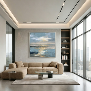 Abstract Textured Ocean and Sky Wall Art with Thick Impasto Brushstrokes, Serene Blue and Gold Seascape for Living Room Bedroom Dining Room Office Hallway, Vintage Coastal Landscape Artwork with Reflective Sunlight Waves