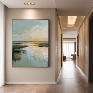 Abstract Textured Ocean and Sky Coastal Sunset Landscape Impasto Framed Canvas Wall Art – Soft Blue Beige Brown Yellow Hues for Contemporary Home Office Decor