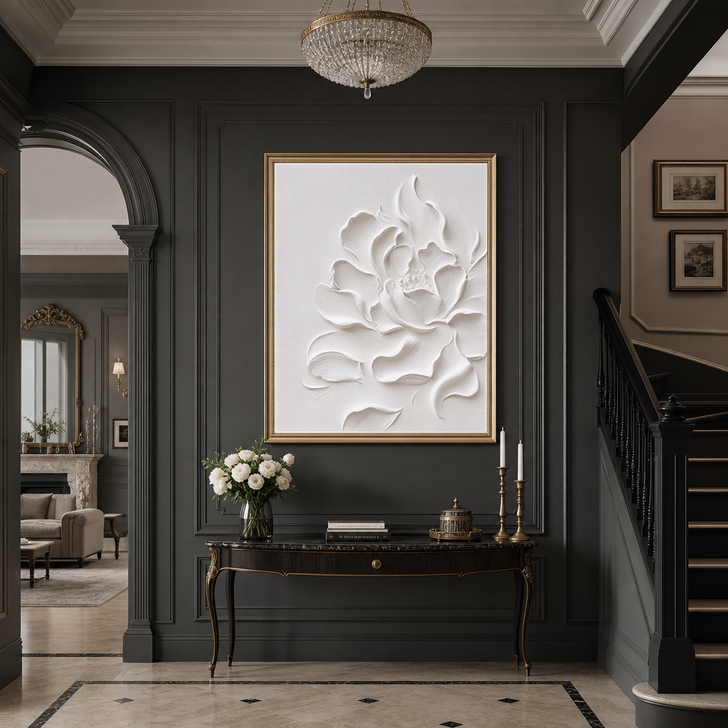 White Flower Textured Abstract 3D Relief Vertical Wall Art for Living Room Bedroom