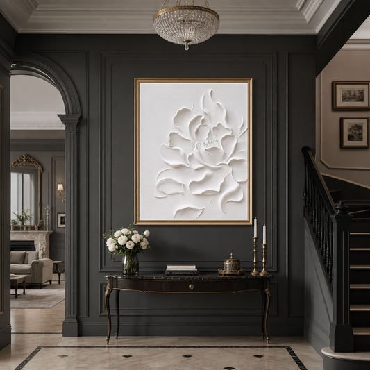White 3D Floral Relief Canvas in a luxurious dark-paneled hallway