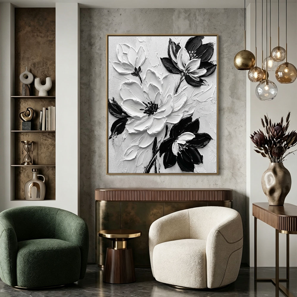 Black and White Textured Floral Wall Art Abstract Thick Paint Impasto Flower Painting Modern 3D Floral Artwork for Living Room Bedroom Dining Room Office Home Decor