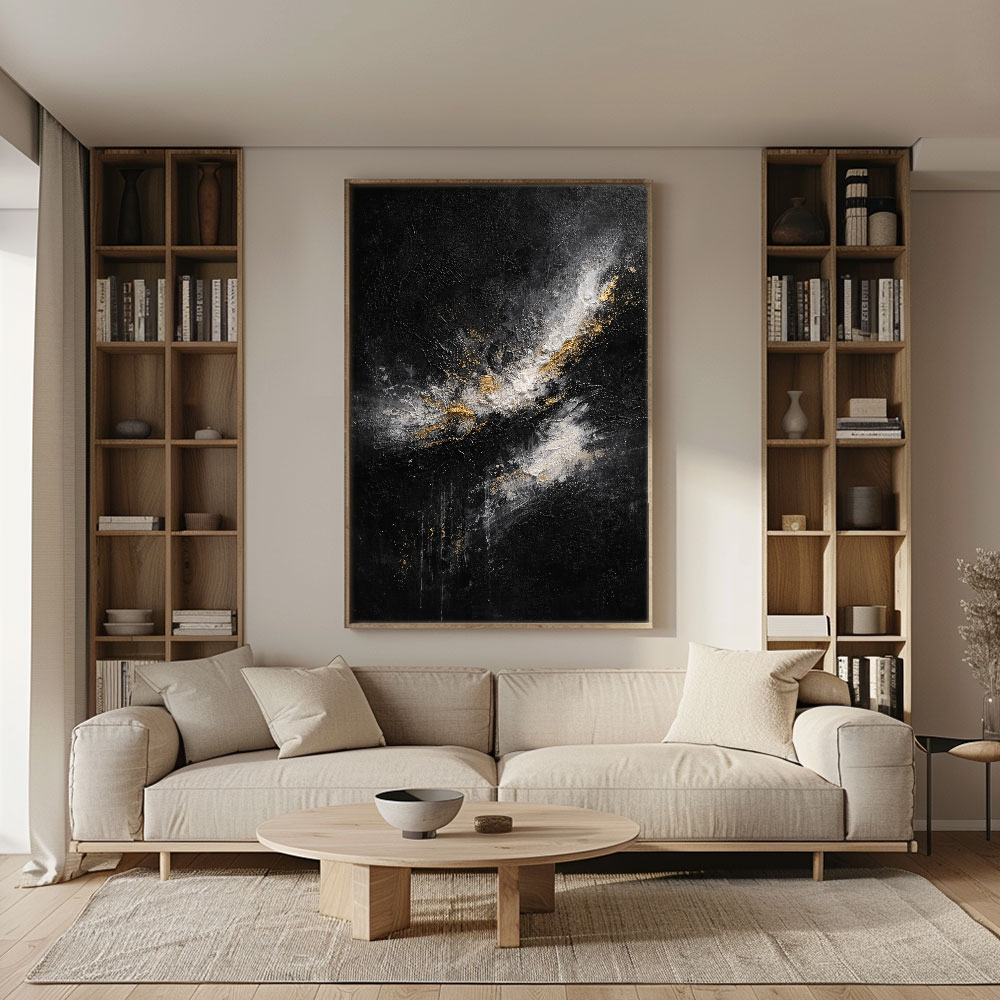 Elegant Black White Gold Abstract Textured Wall Art - Dramatic Contrast Knife Impasto Painting for Modern Minimalist Living Spaces, Office, Bedroom, Dining Room & Hallway Decor
