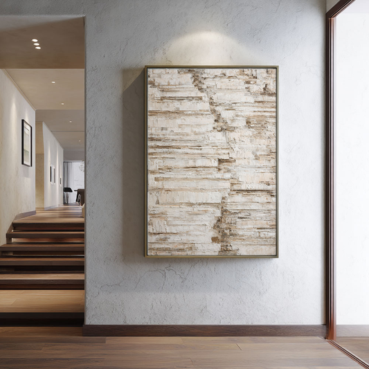 Minimalist Neutral Abstract Textured Canvas Wall Art for Modern Home Decor, Impasto Paint with Thick Brush/Knife Stacked Layers, Beige White Brown Earth Tone Block Pattern, Framed Wabi-Sabi Inspired Wall Decor for Living Room Bedroom Office Hallway