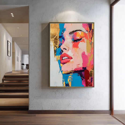 Vibrant Abstract Portrait Woman Face Wall Art with Bold Pink Blue Gold White Colors Textured Impasto Painting Style for Living Room Bedroom Office Dining Room Hallway Home Decor