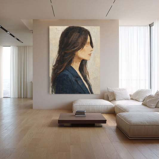 Vintage Elegant Woman Portrait Canvas Wall Art, Textured Impasto Female Profile Painting, Neutral Beige Brown Blue Muted Wall Decor for Living Room Bedroom Office, Minimalist Aesthetic Woman Face Artwork, Home Interior Stylish Frameless Wall Hanging