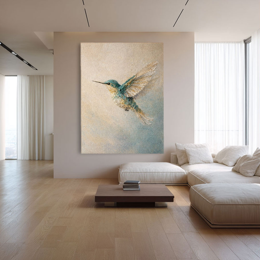 Vintage Textured Hummingbird Canvas Wall Art - Neutral Blue Beige Nature Inspired Animal Artwork for Living Room Bedroom Office Dining Room Hallway Home Decor