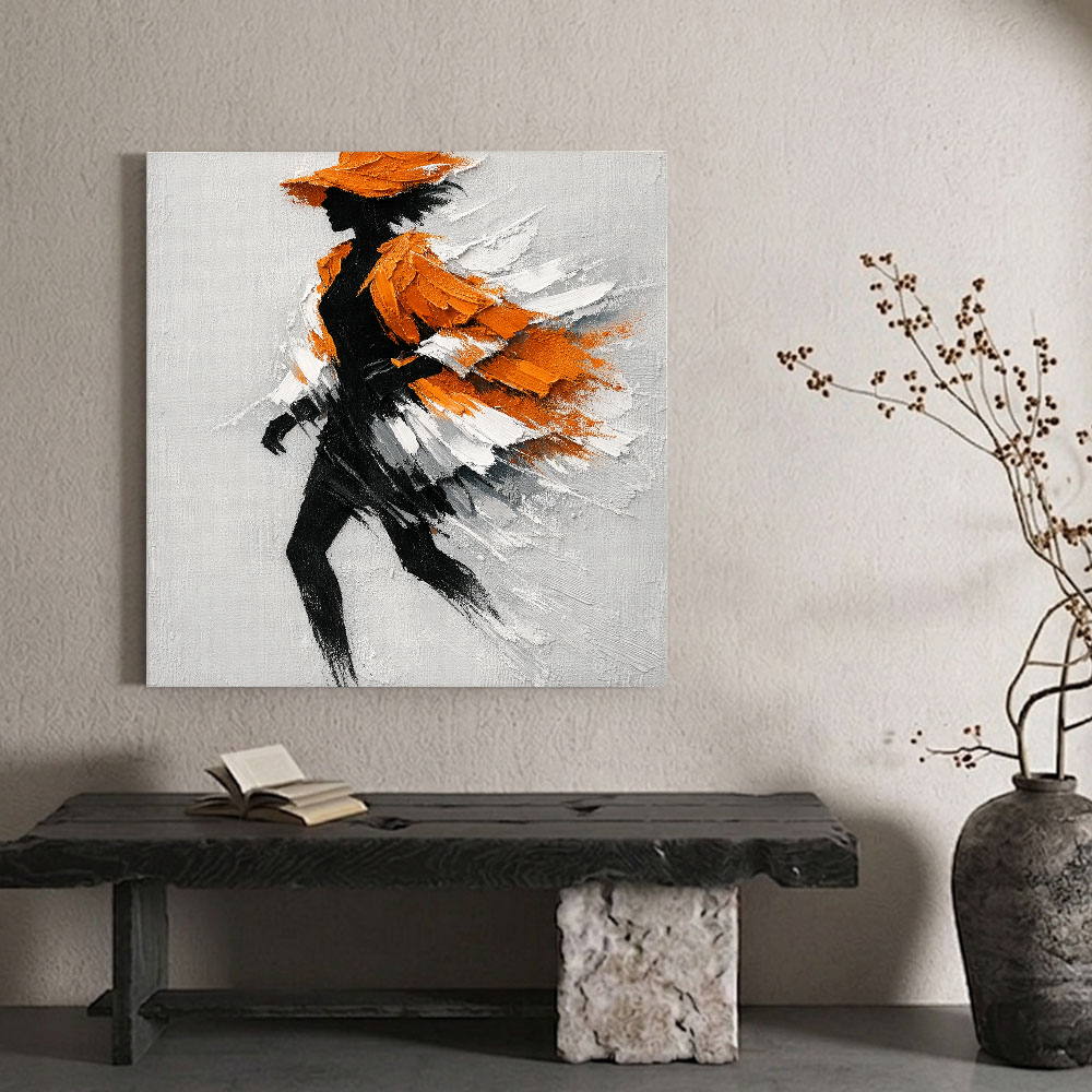 Modern Framed Black Silhouette Woman Portrait Wall Art with Thick Orange White Light Grey Impasto Brush Strokes, Elegant Abstract Textured Painting for Home Decor, Living Room Bedroom Office Accent Piece, Handcrafted 3D-Like Effect