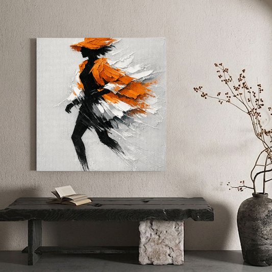 Modern Framed Black Silhouette Woman Portrait Wall Art with Thick Orange White Light Grey Impasto Brush Strokes, Elegant Abstract Textured Painting for Home Decor, Living Room Bedroom Office Accent Piece, Handcrafted 3D-Like Effect