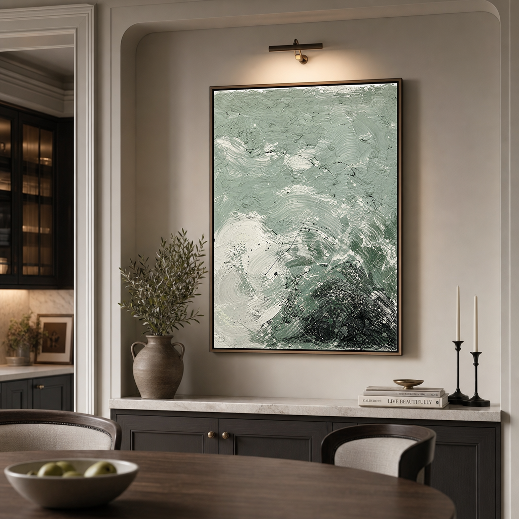 Abstract Textured Sage Green, Black, And Off-White Acrylic-Style Vertical Wall Art for Dining Room or Living Room