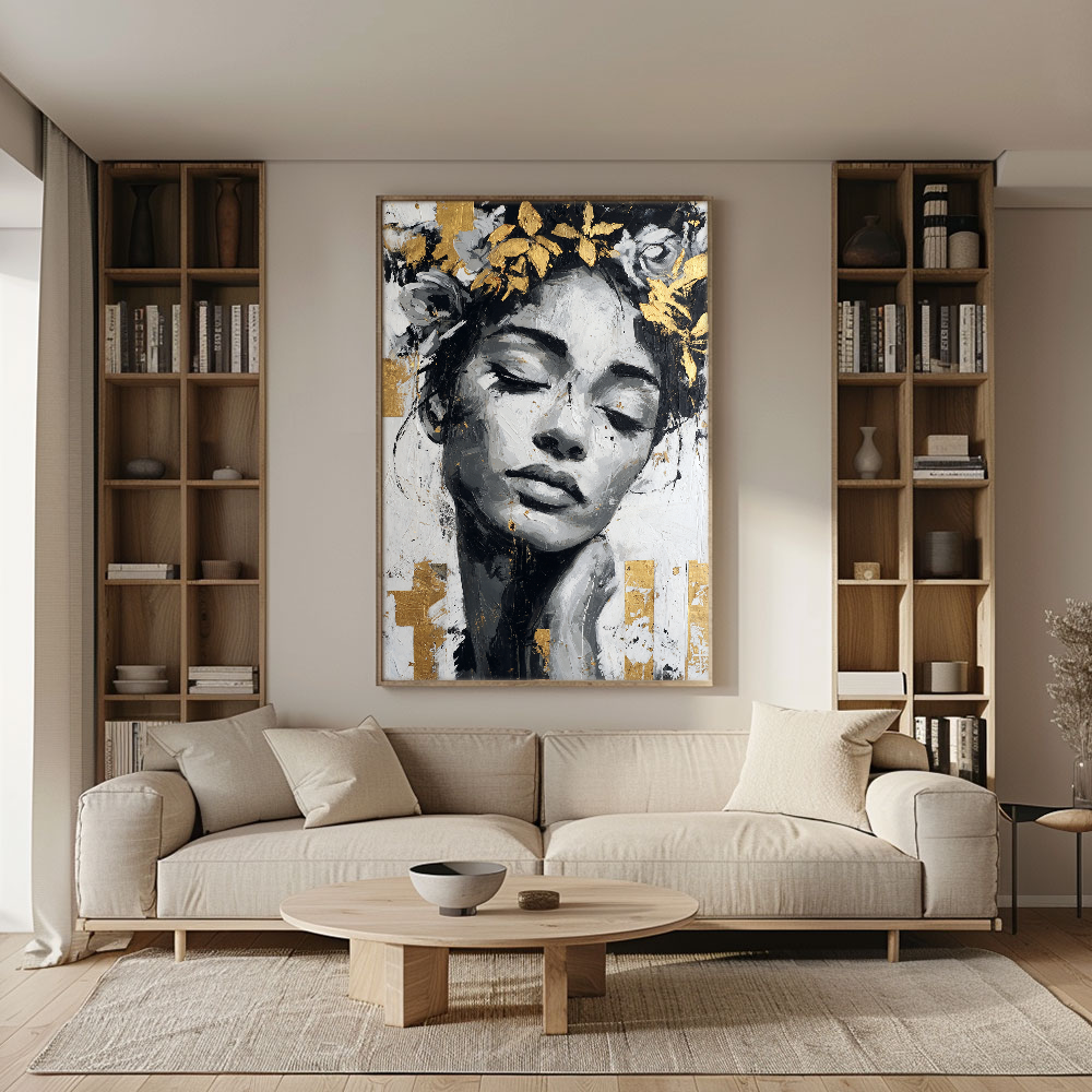 Black and White Gold Accent Textured Portrait Woman with Floral Crown Impasto Canvas Wall Art for Modern Living Room Bedroom Office Dining Hallway Decor