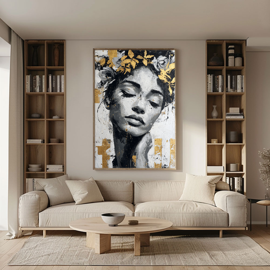 Black and White Gold Accent Textured Portrait Woman with Floral Crown Impasto Canvas Wall Art for Modern Living Room Bedroom Office Dining Hallway Decor