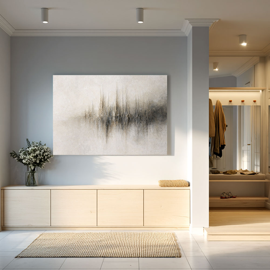 Modern Neutral Abstract Urban Landscape Skyline Reflection Wall Art with Textured Grainy Acrylic Finish Minimalist Beige White Dark Grey Gold Color Palette for Contemporary Home Office Hallway Dining Room Bedroom Living Room Decor