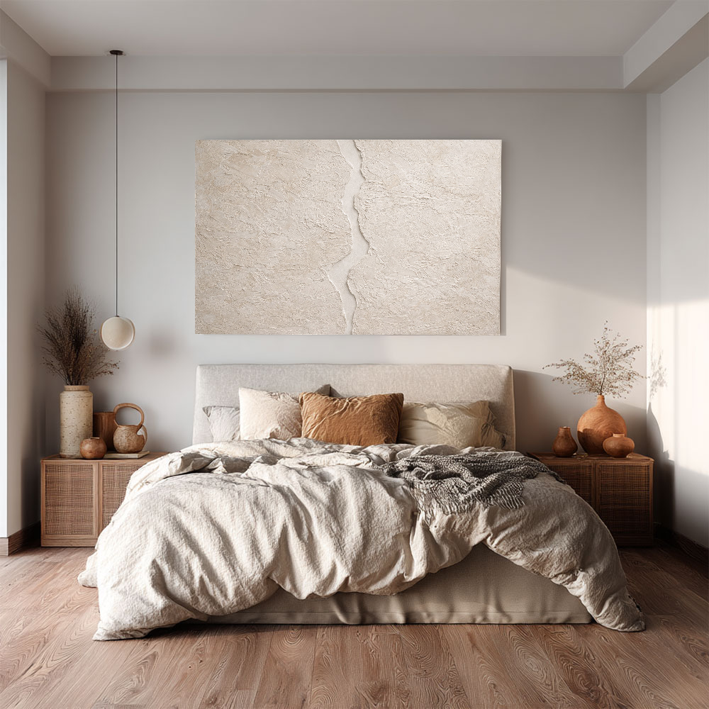 Minimalist Neutral Beige Abstract Textured Wall Art Handcrafted Plaster-Like Trowel Marks Asymmetrical Fissure Modern Wabi-Sabi-Inspired Canvas Decor for Living Room Bedroom Dining Room Hallway Office Soft Earthy Tones Calming Artwork