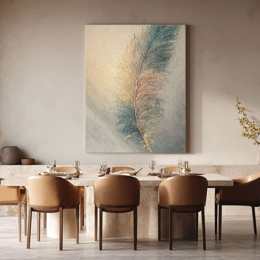 Elegant Soft Textured Feather Framed Wall Art Muted Blue Gold Pink Beige Nature Inspired Stylized Artwork for Modern Minimalist Home Decor Bedroom Living Room Office Dining Hallway