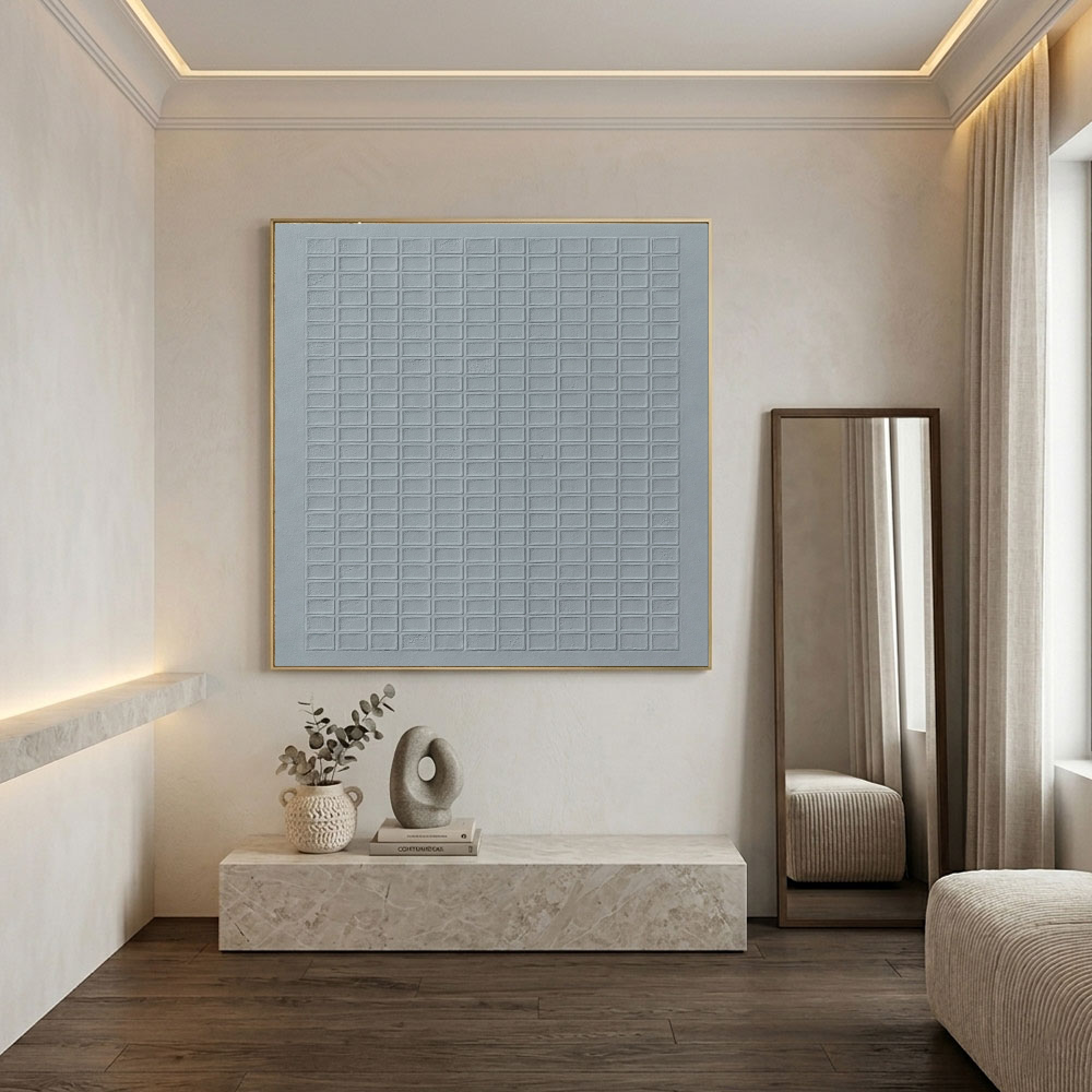 Minimalist Medium Grey Geometric Grid 3D Textured Abstract Wall Art for Living Room Office Bedroom Modern Neutral Home Decor