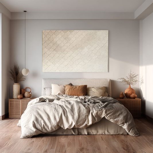 Minimalist Beige White Scale Curved Geometry Organic Pattern Textured Abstract Wall Art Warm Soft Neutral Home Decor for Living Room Bedroom Office Hallway Dining Room Calm Relaxing Framed