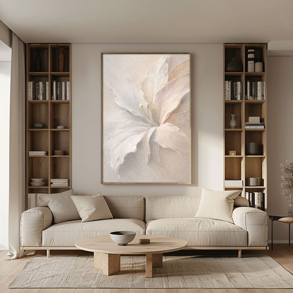 Elegant Soft White Beige Lily Flower Textured Wall Art Minimalist Botanical Decor Modern Aesthetic Artwork for Cozy Home Office Living Room Bedroom Dining Room Hallway
