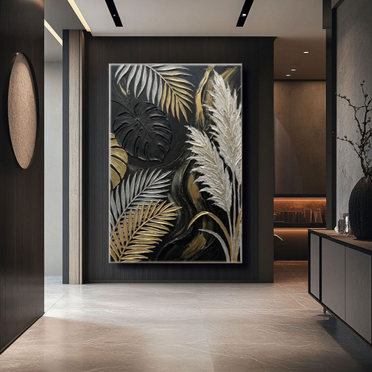 Black Gold White Beige Monstera Palm Pampas Grass Textured 3D Botanical Wall Art for Modern Luxury Home Living Room Bedroom Dining Room Office Hallway Decor