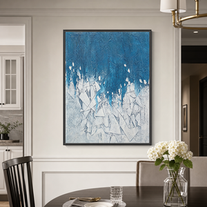 Abstract Geometry And Lines Blue White Textured Plaster-Style Vertical Wall Art For Living Room