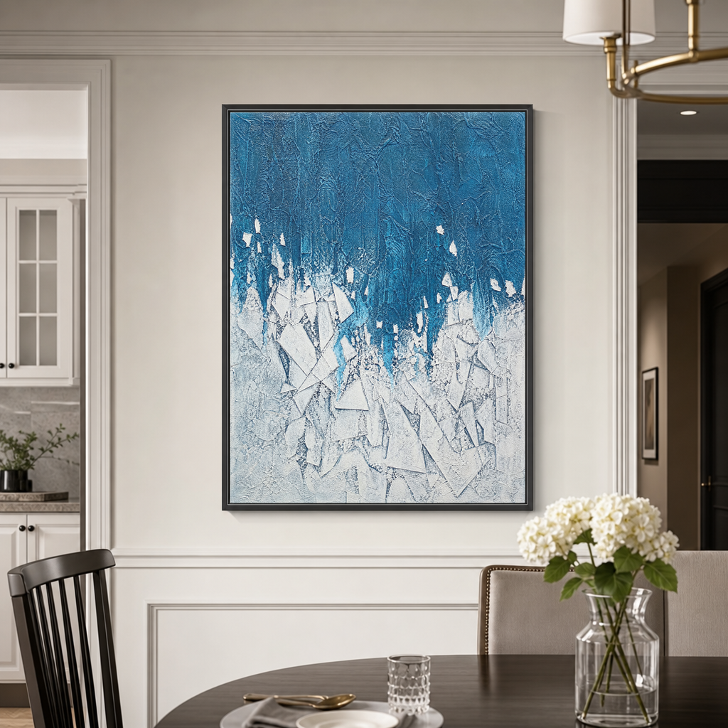 Abstract Geometry And Lines Blue White Textured Plaster-Style Vertical Wall Art For Living Room