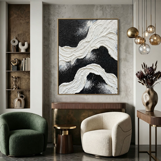 Black and White Abstract Textured Impasto Wave Wall Art Modern Minimalist Thick Paint Stacking Bold Contrast Non-Representational Canvas Artwork for Living Room Bedroom Office Home Decor