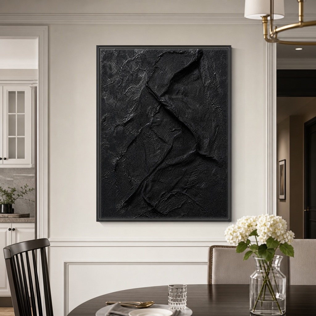 Abstract Black Textured 3D Relief Vertical Wall Art for Living Room