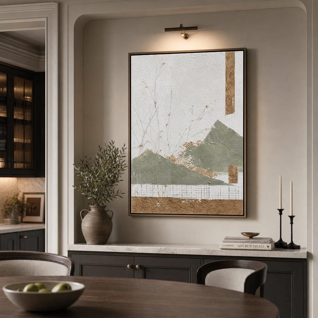 Landscape Sage Green, Earthy Brown, Off-White Abstract Textured Plaster-Style Vertical Wall Art for Dining Room or Living Room