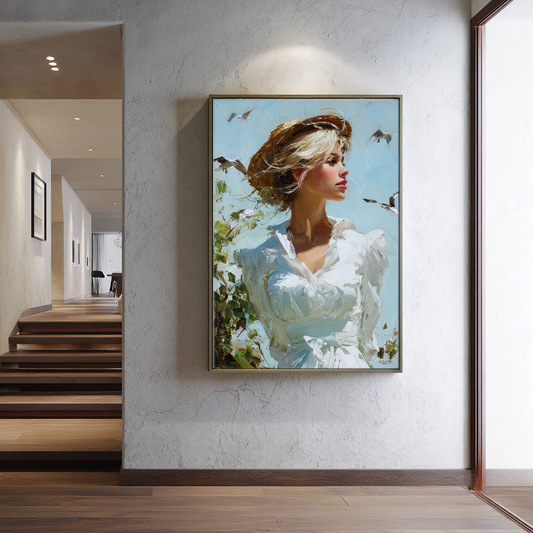 Vintage Impasto Portrait of Elegant Blonde Woman with Straw Hat, Seagulls & Green Foliage Under Soft Blue Sky Oil Painting Wall Art for Home and Office Decor