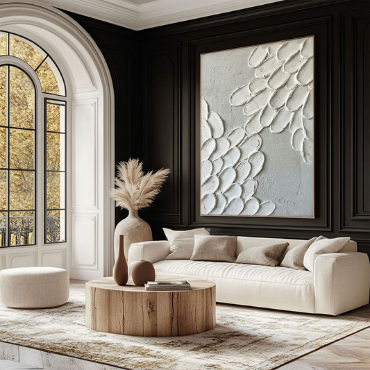 Minimalist Abstract Organic Textured Wall Art, Thick White Impasto Petal Scale Forms on Soft Light Grey Canvas Base, Modern Neutral Non-Representational Home Decor, 3D Brush Stroke Detail, Office, Living Room, Bedroom Decor