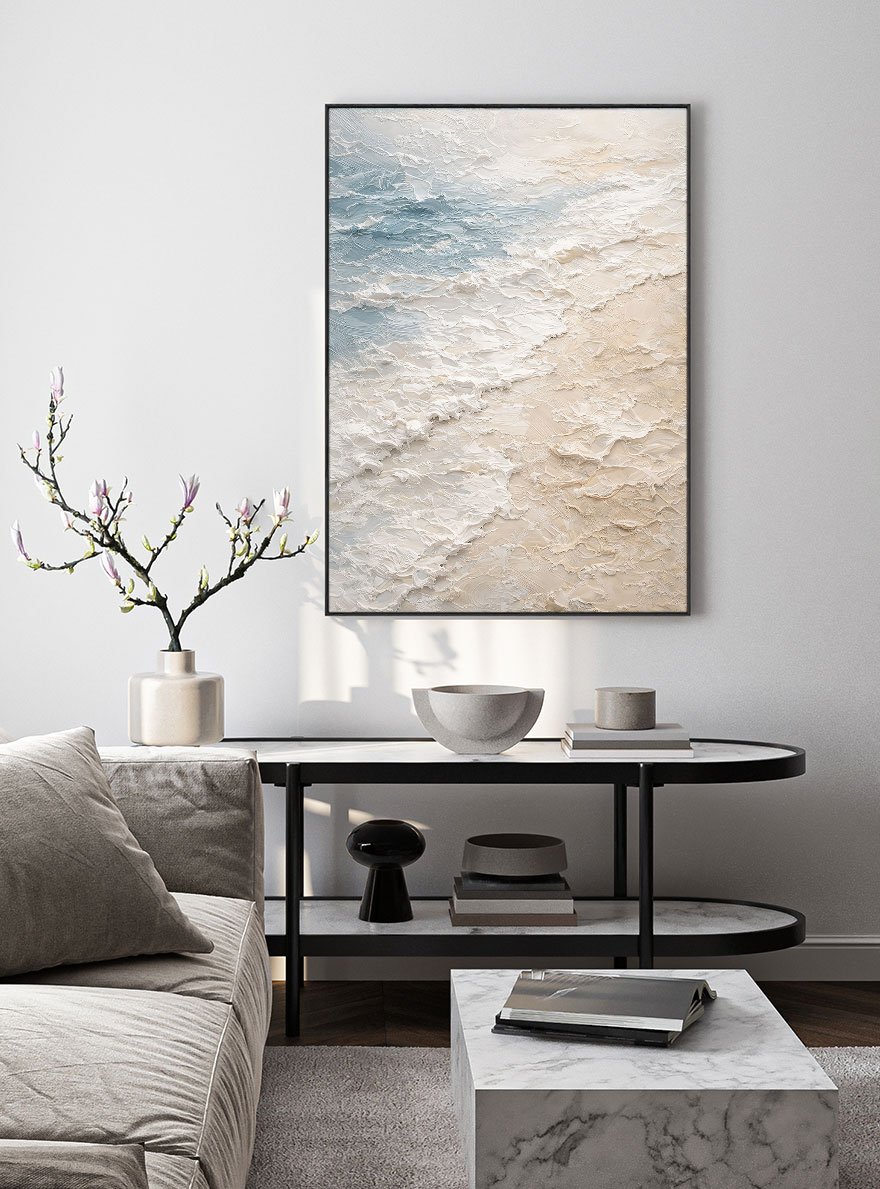 Thick Impasto Ocean and Sky Beach Textured Wall Art, Abstract Coastal Painting with Blue, White, Beige Waves, Calm Modern Framed Seascape Artwork for Living Room Bedroom Office Hallway Dining Room