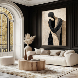 Modern Abstract Geometric Portrait Black Beige Medium Grey Figure Textured Canvas Wall Art Neutral Minimalist Figurative Artwork for Home Office Living Room Bedroom Decor