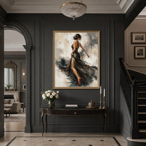 Elegant Female Figure Wall Art, Black Gold Evening Dress Red High Heels, Abstract Textured Background Modern Portrait Artwork, Chic Decor for Living Room Bedroom Dining Room Office Hallway