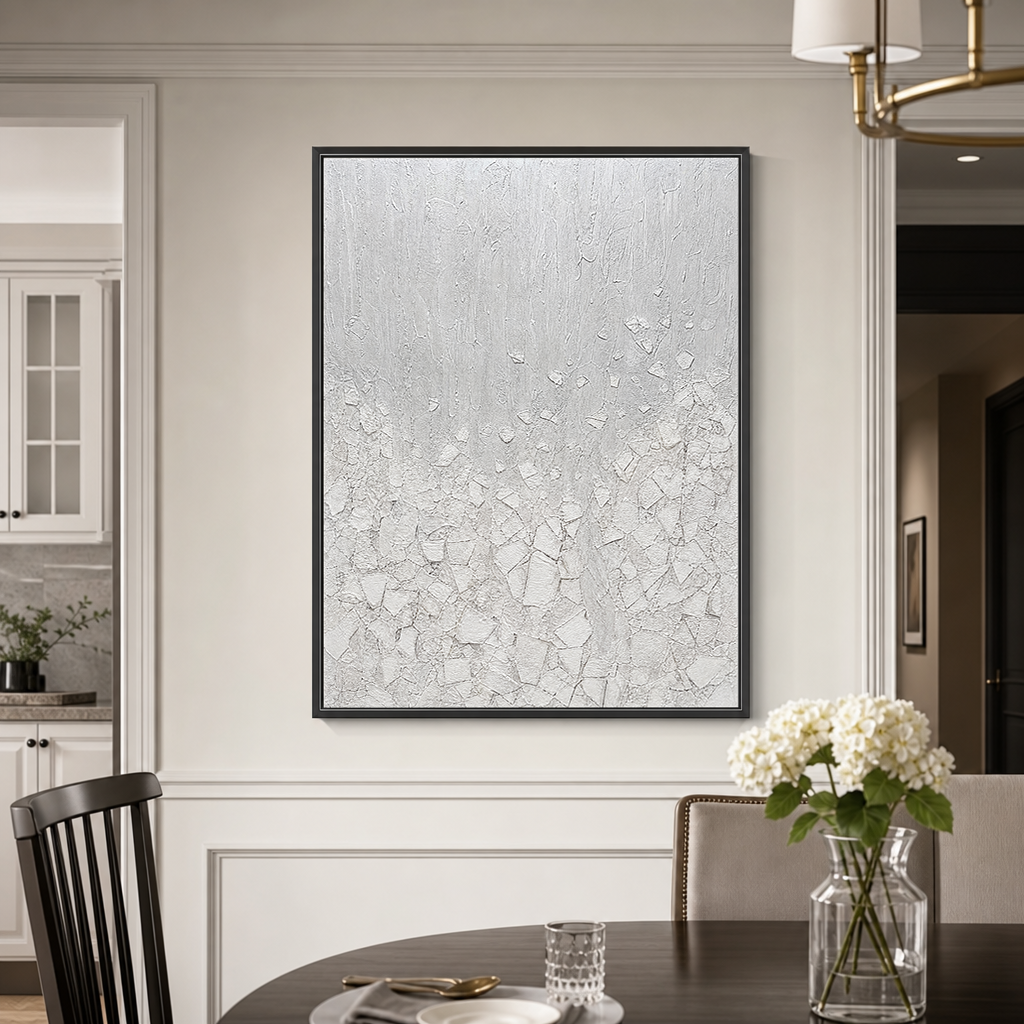 White Light Gray Textured Minimalist Abstract Vertical Wall Art for Living Room