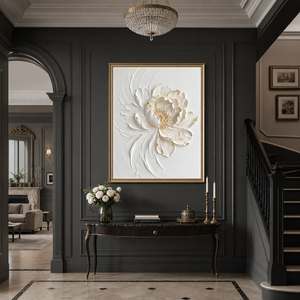 White and Gold Textured 3D Relief Flower Vertical Wall Art for Living Room Bedroom