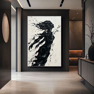 Black and White Textured Impasto Female Silhouette Portrait Canvas Wall Art, Bold Dynamic Black Paint Splatter & Thick Knife/Brush Strokes on Off White Background, High Contrast Modern Artwork for Home & Office Spaces