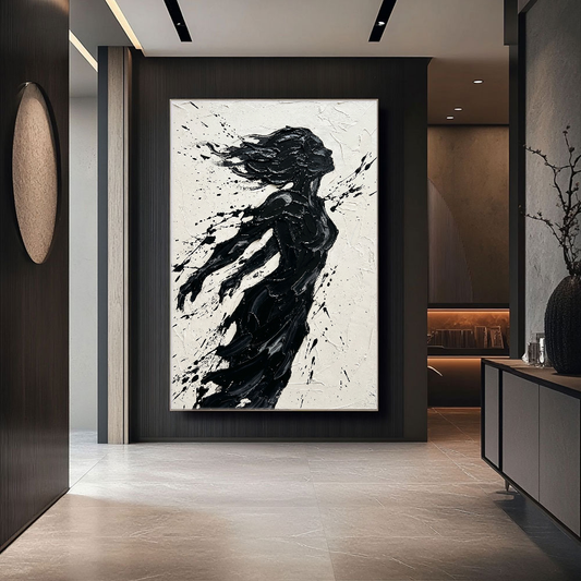 Black and White Textured Impasto Female Silhouette Portrait Canvas Wall Art, Bold Dynamic Black Paint Splatter & Thick Knife/Brush Strokes on Off White Background, High Contrast Modern Artwork for Home & Office Spaces