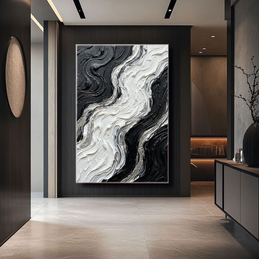 Black and White Abstract Curved Wave Impasto Wall Art Modern Thick Textured Knife Brush Stroked Painting Monochrome Flow Artwork Large Bold Minimalist Decor for Living Room Bedroom Office Dining Room Hallway