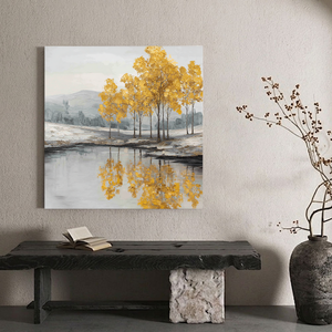 Golden Tree Reflection Landscape Wall Art Textured Impasto Framed Artwork Muted Grey White Lake Scene Wall Decor for Living Room Bedroom Office Dining Hallway