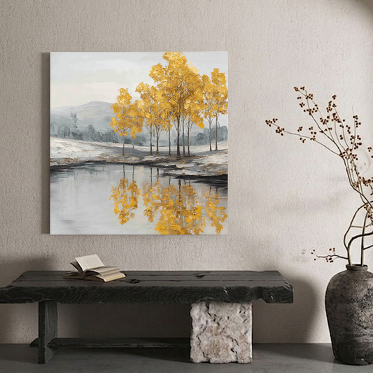 Golden Tree Reflection Landscape Wall Art Textured Impasto Framed Artwork Muted Grey White Lake Scene Wall Decor for Living Room Bedroom Office Dining Hallway