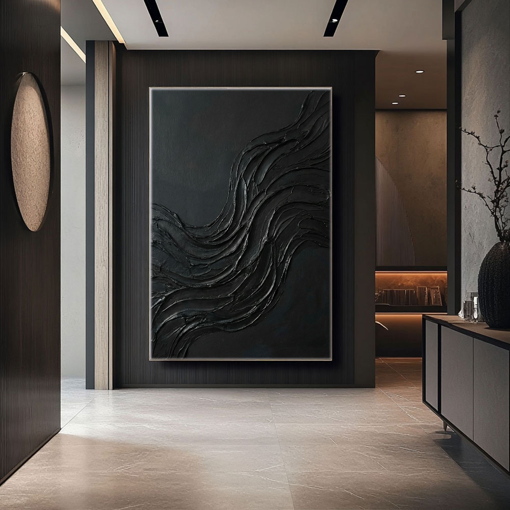 Black Abstract Wavy Textured Thick Impasto Wall Art Modern Dark 3D Brush Stroke Artwork Minimalist Monochrome Oil Painting for Living Room Bedroom Office Hallway Dining Room